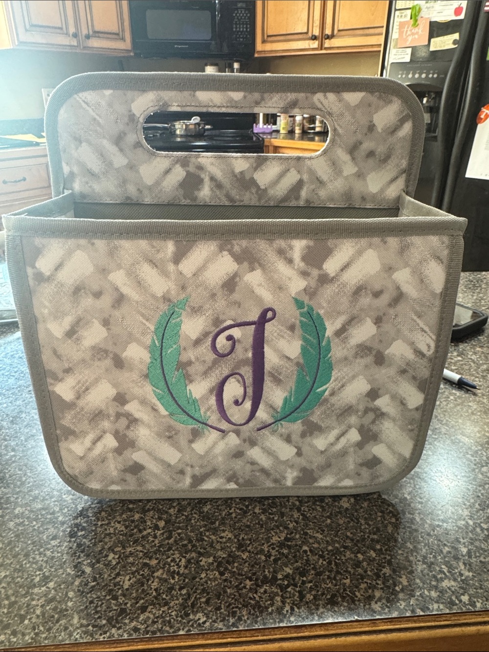 Thirty-One Caddy: Gray Fabric with teal feathers and greg Monogram J